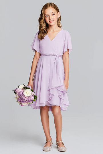 Robe de demoiselle d’honneur junior en mousseline de soie à col en V violet trapèze avec manches courtes